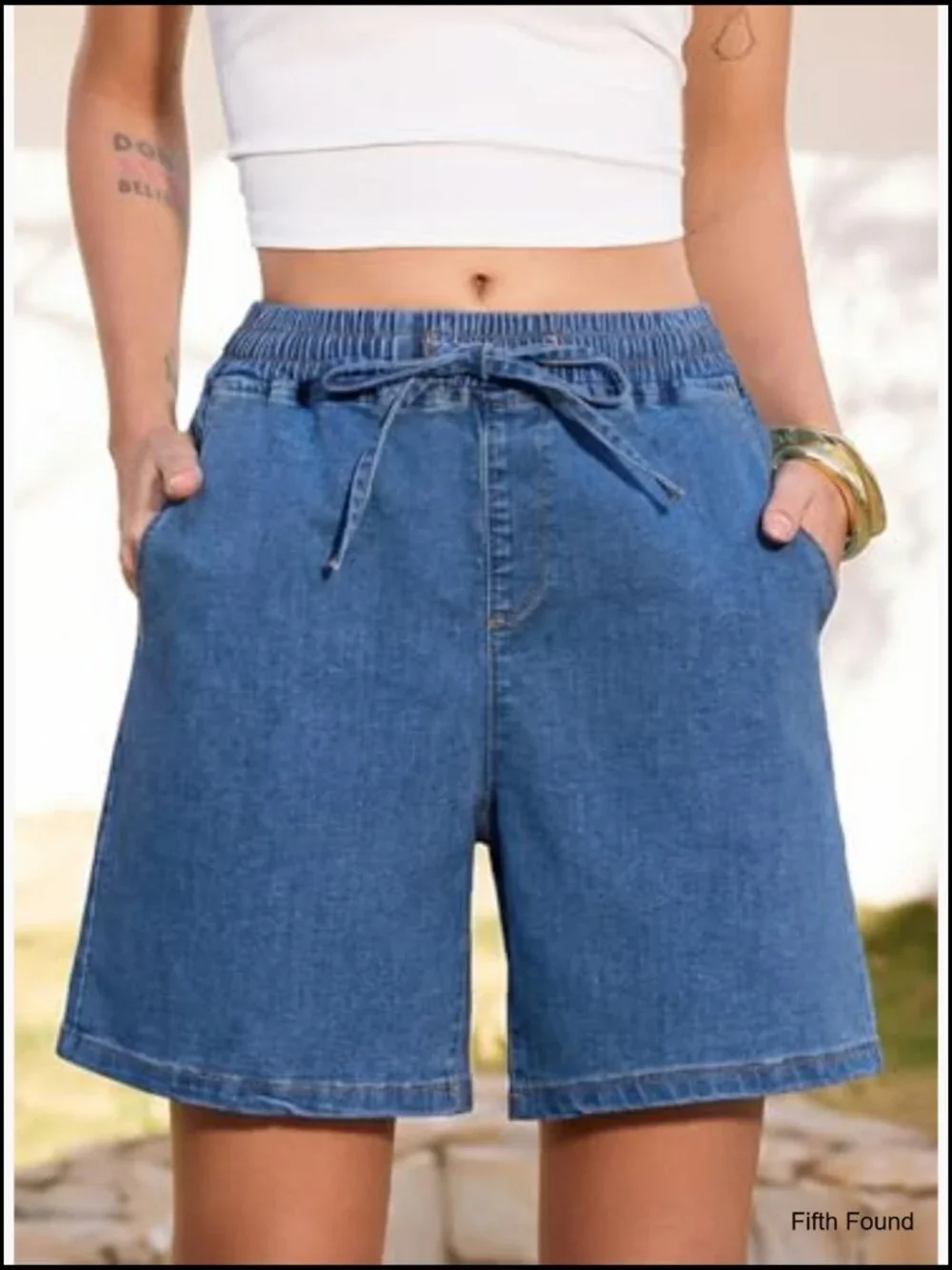 High Waisted Stretchy Denim Shorts with Drawstring Elastic Waist Baggy Summer
